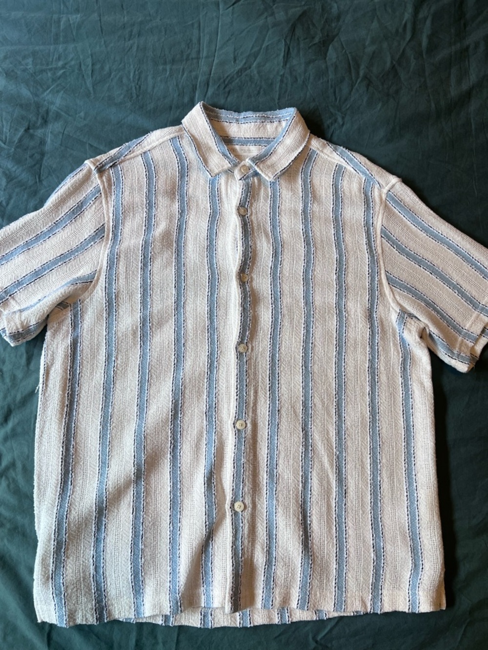 Zara Cream and Light Blue Striped Short Sleeve Button-Up Shirt